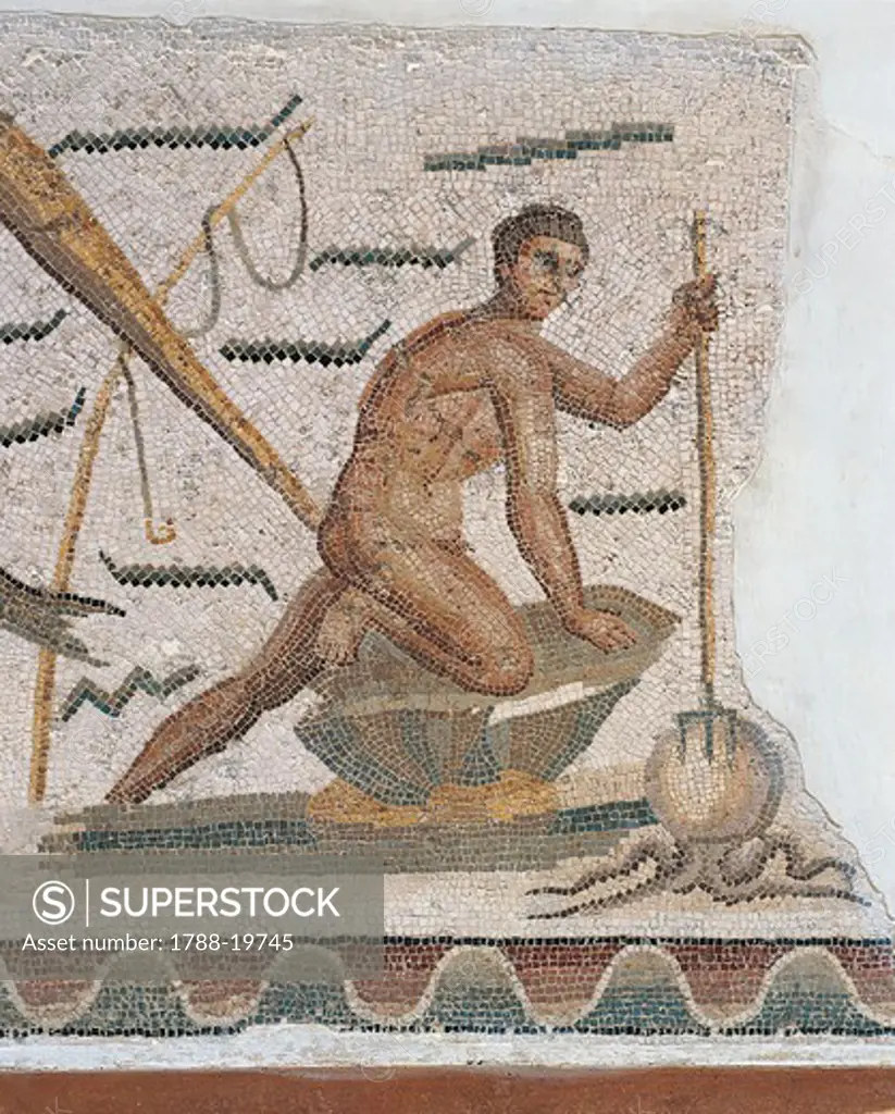 Tunisia, Dougga, Mosaic depicting octopus fishing