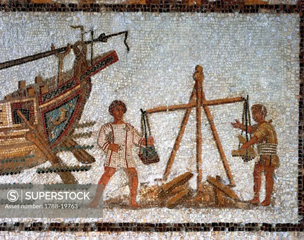 Tunisia, Sousse, Mosaic depicting weighin of load from ship carrying iron minerals, from Hadrumetum