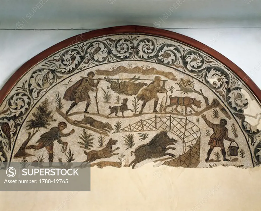 Tunisia, Carthage, Mosaic depicting boar hunting
