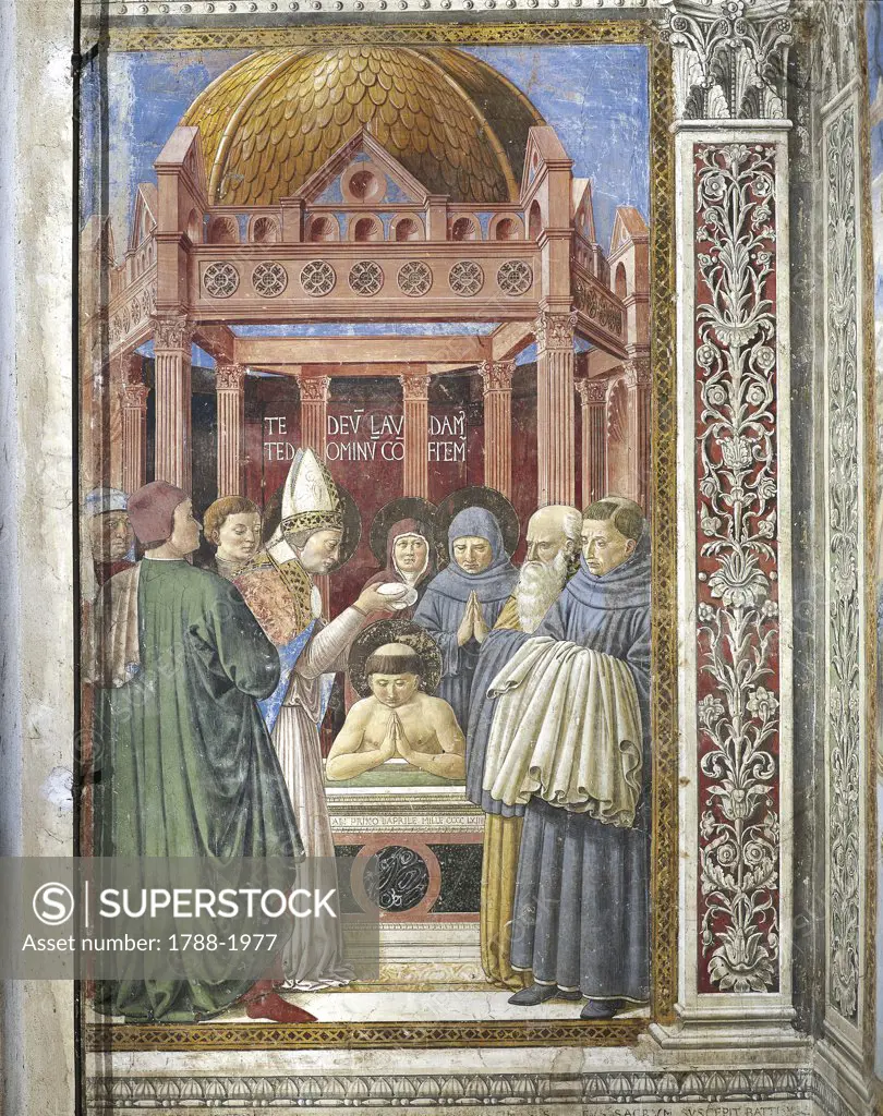 Italy - Tuscany region - San Gimignano - Church of St. Augustine. Benozzo Gozzoli (c. 1421-1497). Histories of St. Augustine, baptism of the Saint. Fresco (1465)