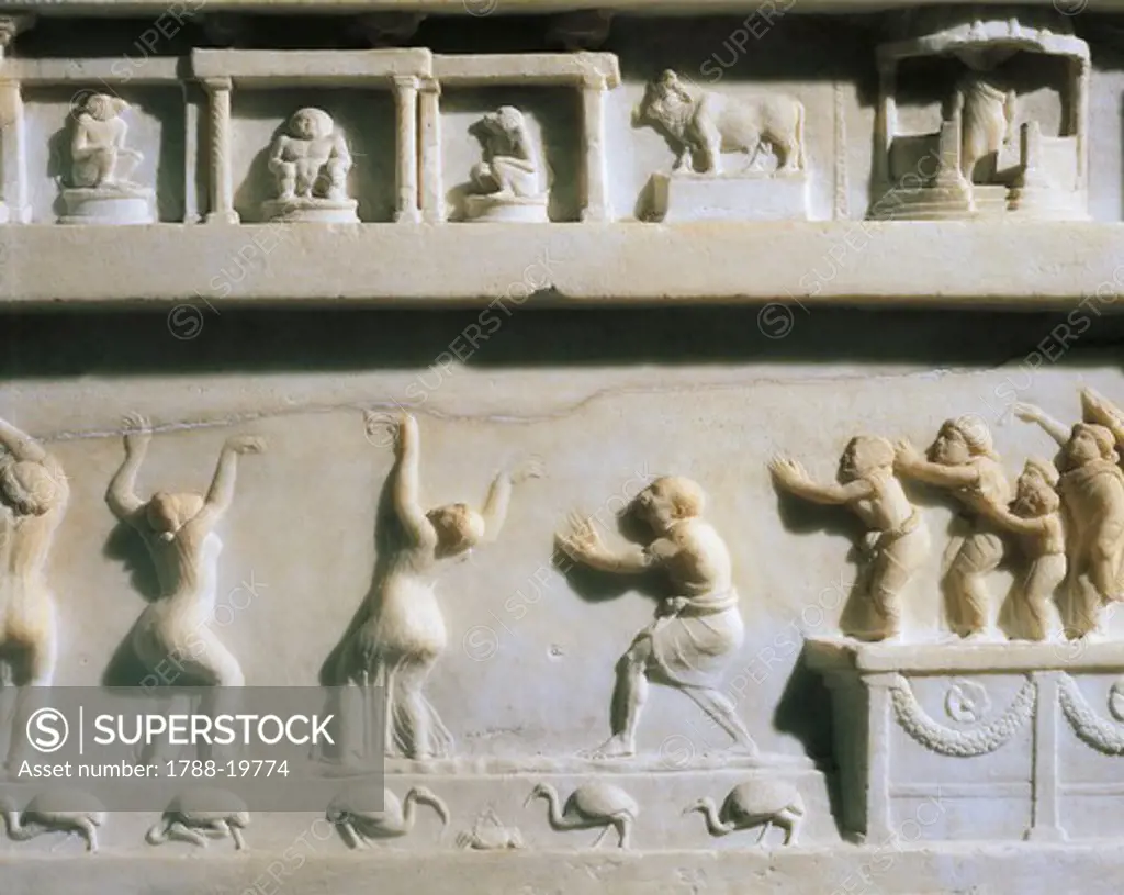 Marble relief depicting the deity Bes among baboons, the deity Apis and birds of the river Nile, dedicated to Isis