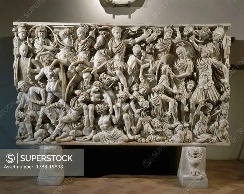 Grande Ludovisi sarcophagus, front marble relief depicting battle between Romans and Ostrogoths