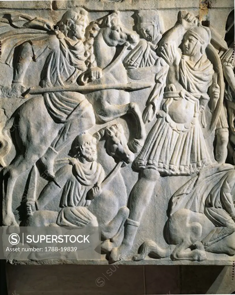 Grande Ludovisi sarcophagus, front marble relief depicting battle between Romans and Ostrogoths, detail, fighting scene