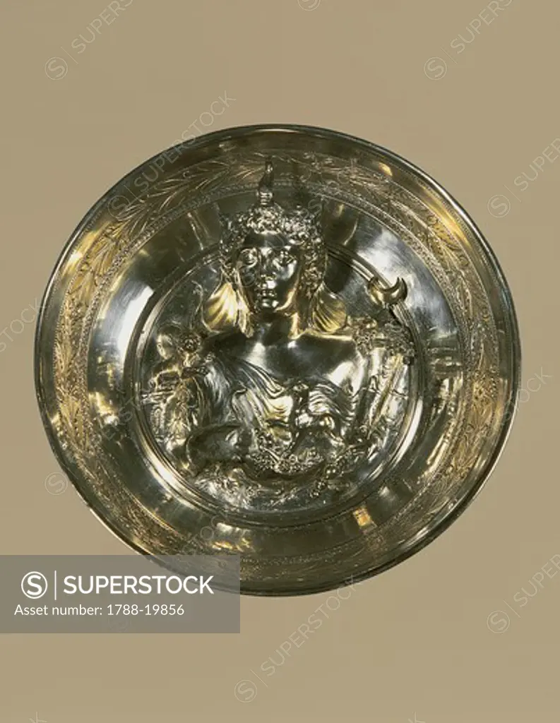 Boscoreale treasure, Gold and silver bowl, relief depicting bust of woman wearing elephant's trunk headdress and holding cornucopia or horn of plenty, From Boscoreale (province of Naples)