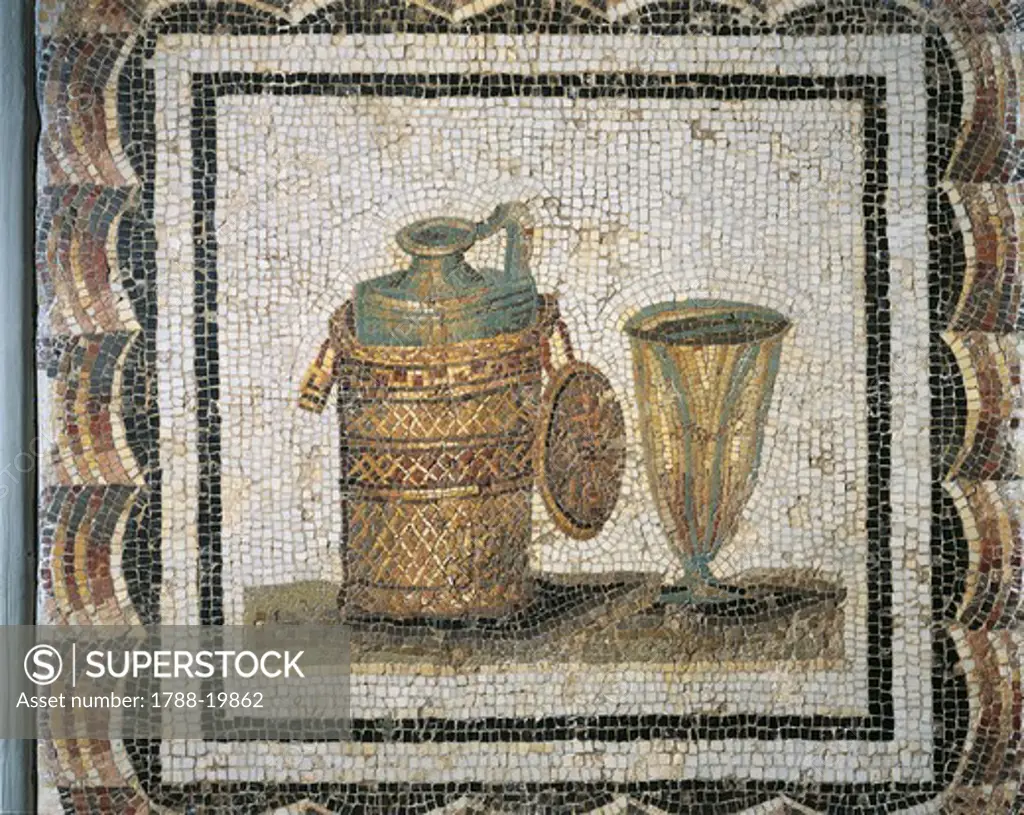Mosaic medallions with xenia (still life) motif. From Thysdrus, El Djem, Tunisia, detail with bottle and glass