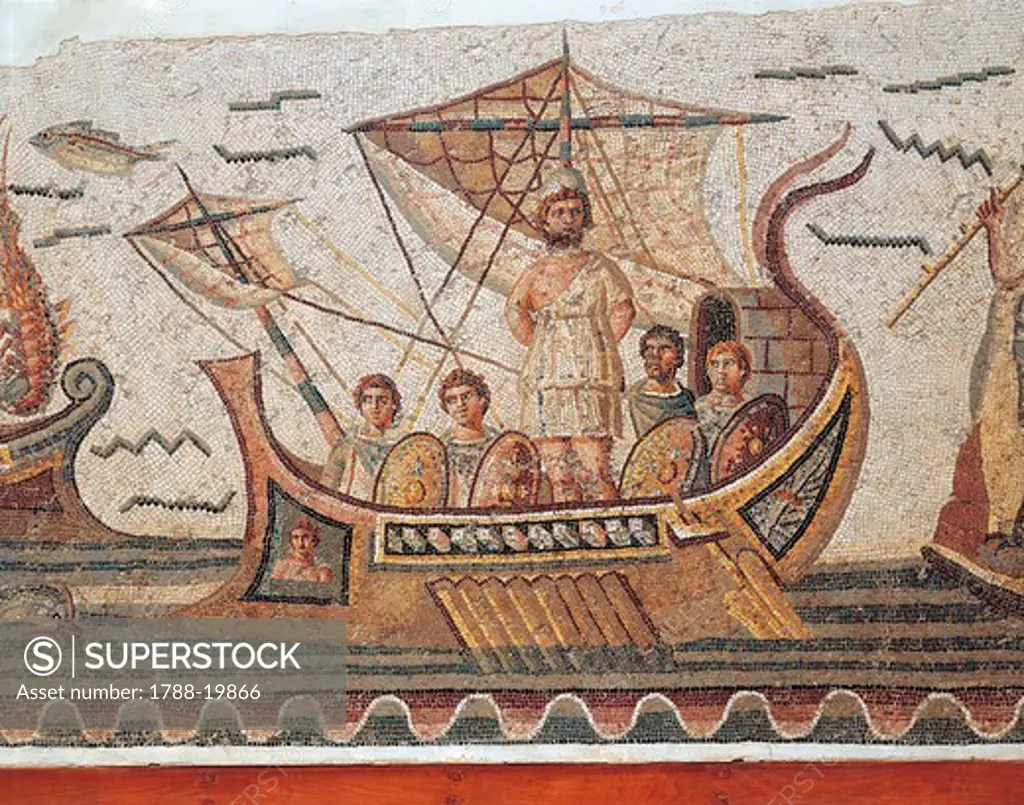 Mosaic depicting Ulysses and the Sirens' island from Thugga, Dougga, Tunisia, close-up