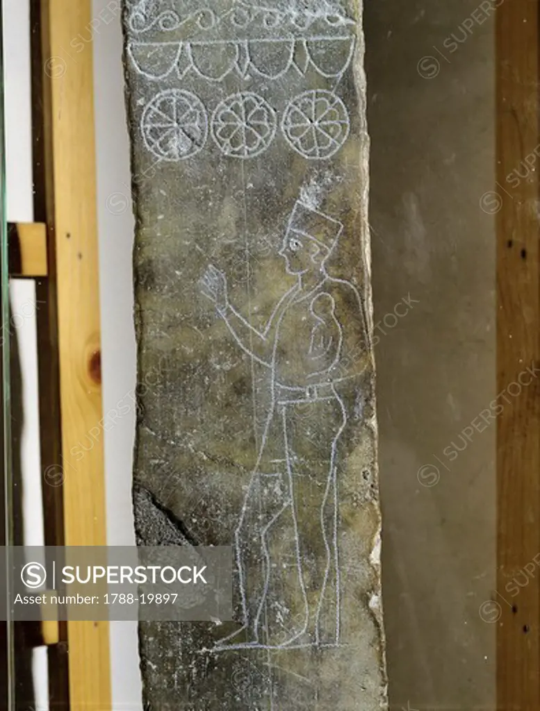 Punic civilization, Votive stele with engraving depicting a priest carrying a child to rituareligionlreligious ritual sacrifice (Molek-sacrifice) fom Carthage, Tunisia, detail