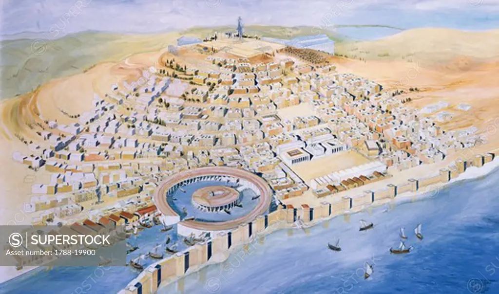 Punic civilization. Reconstruction of Byrsa Hill, with the Punic city and Hannibal's circular harbor, late 4th-2nd century b.c., fresco by architect J. M. Gassend