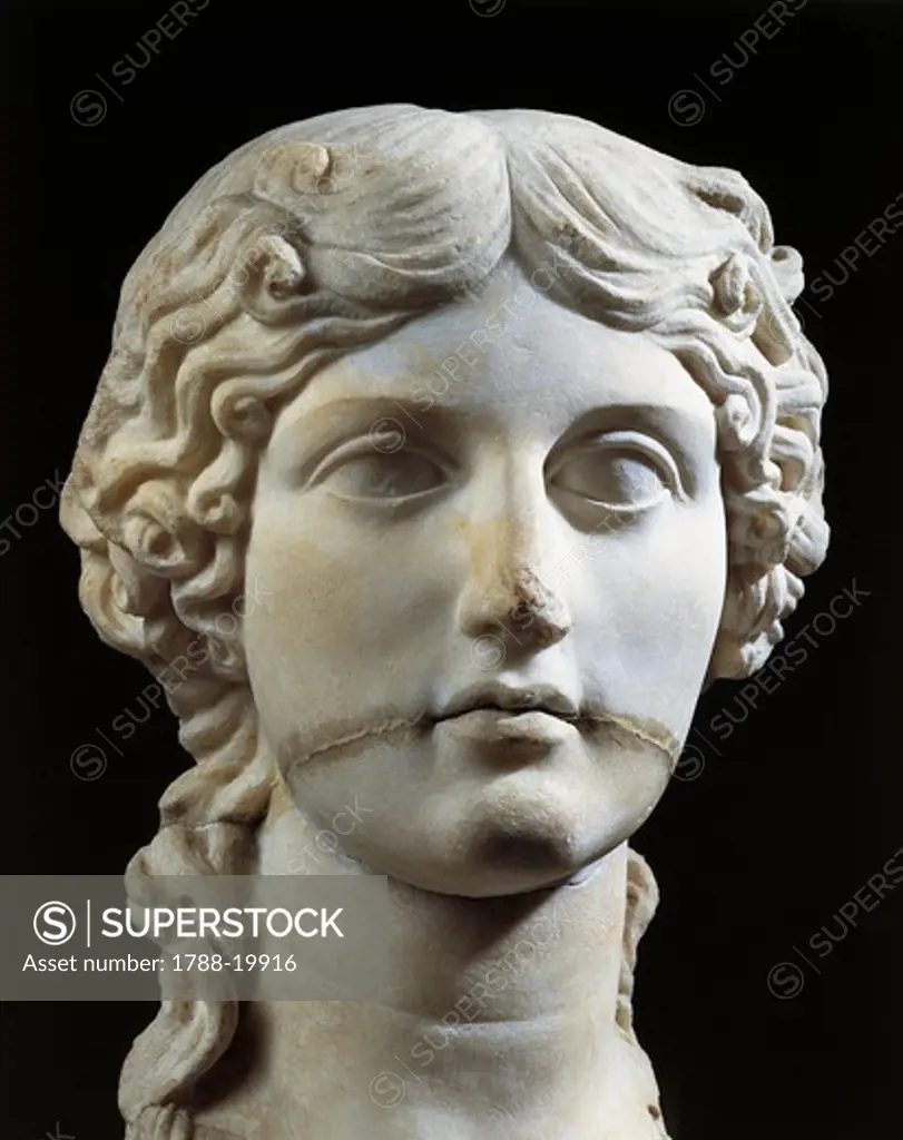 Marble head of Agrippina Elder (14 b.c.-33 a.d.), granddaughter of Augustus, mother of Caligula, from Pergamon, Turkey
