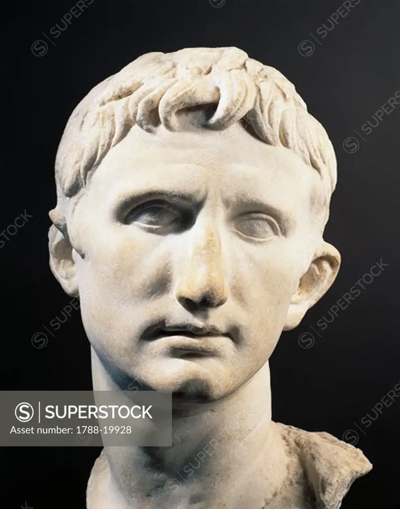Marble head of Emperor Augustus (27 b.c.-14 a.d.), from Pergamon, Turkey