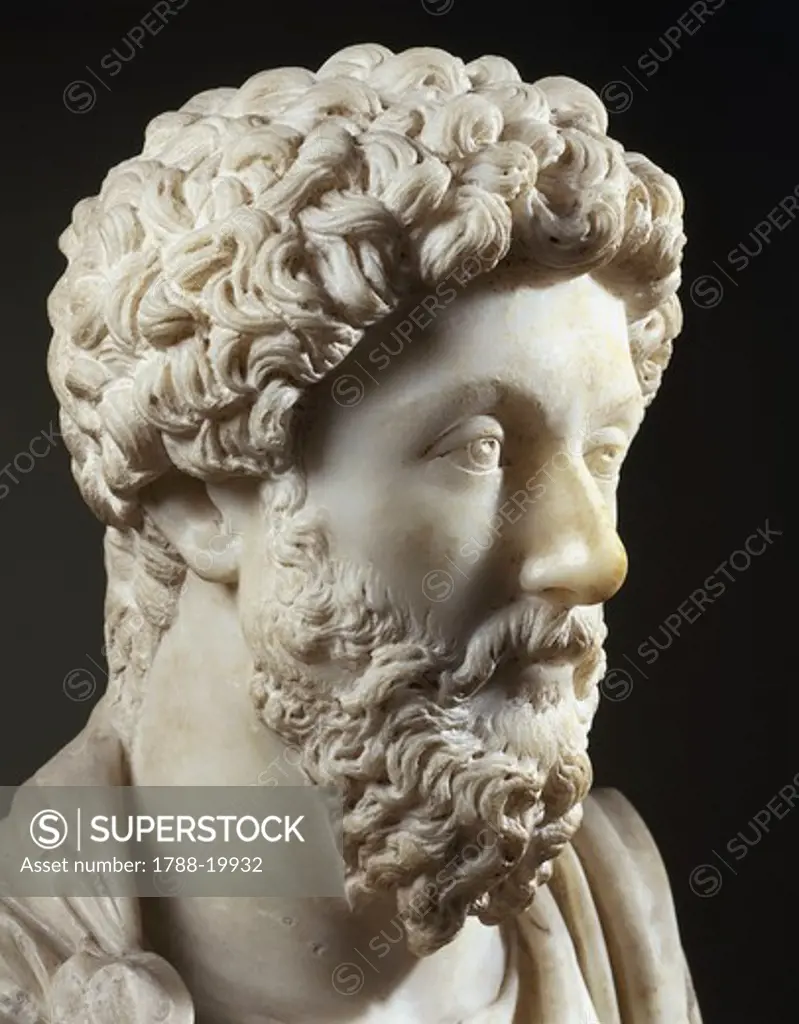 Marble bust of Emperor Marcus Aurelius (161-180 a.d.), detail of face, from Lamunia