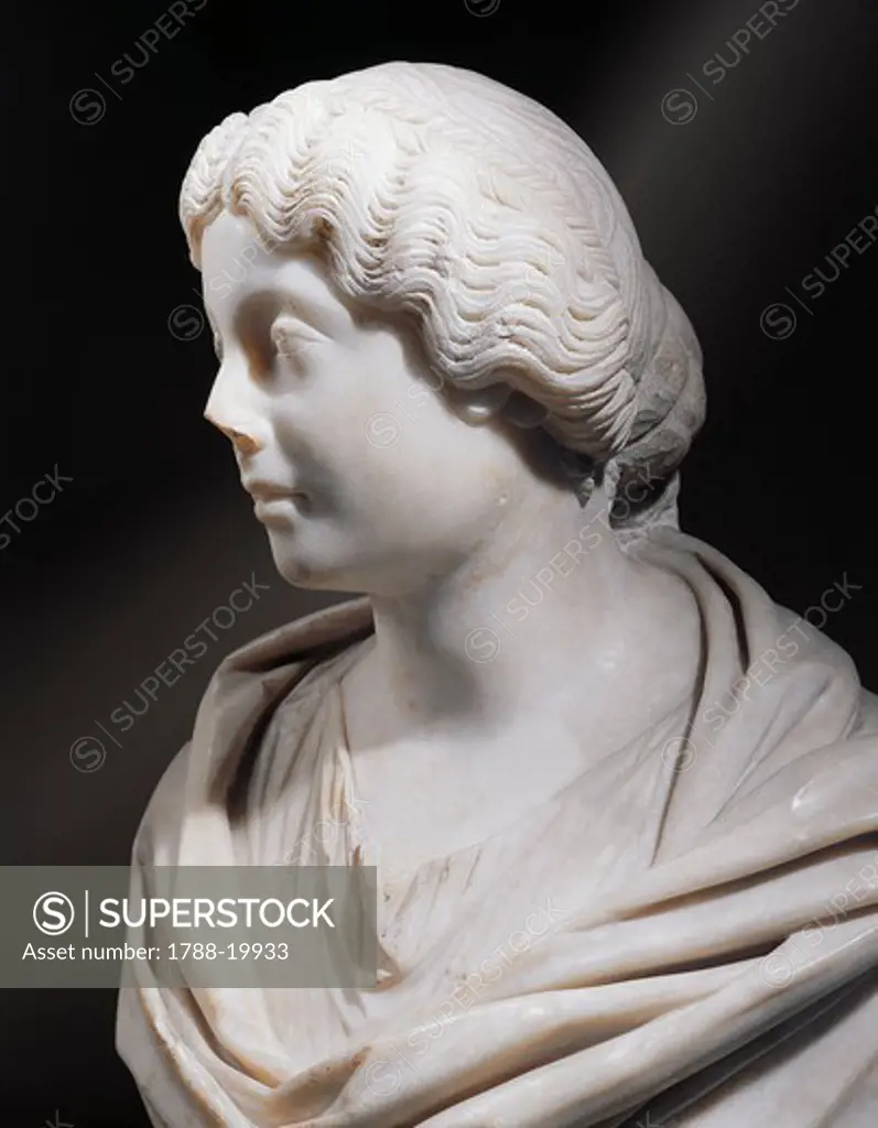 Detail of marble bust of Faustina Younger wife to Marcus Aurelius, 125-176 a.d., from Lamunia
