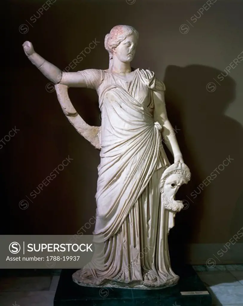 Marble statue of Melpomene, Muse of Tragedy, from Frigidarium of Baths of Faustina at Miletus, Turkey