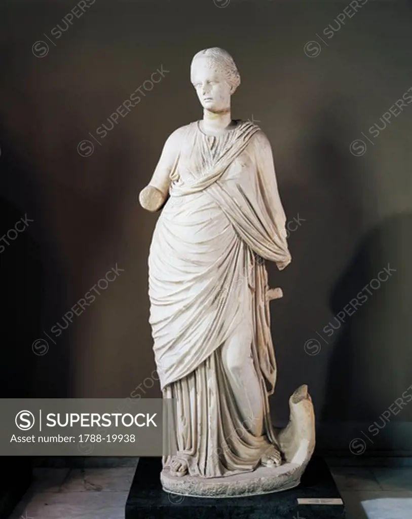 Marble statue of Euterpe, Muse of Music, from Frigidarium of Baths of Faustina at Miletus, Turkey