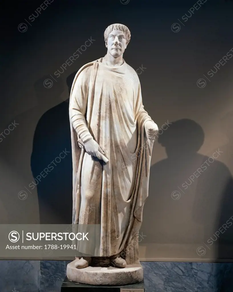 Marble statue of togaed judge, 425-450 a.d., from Aphrodisias, Turkey