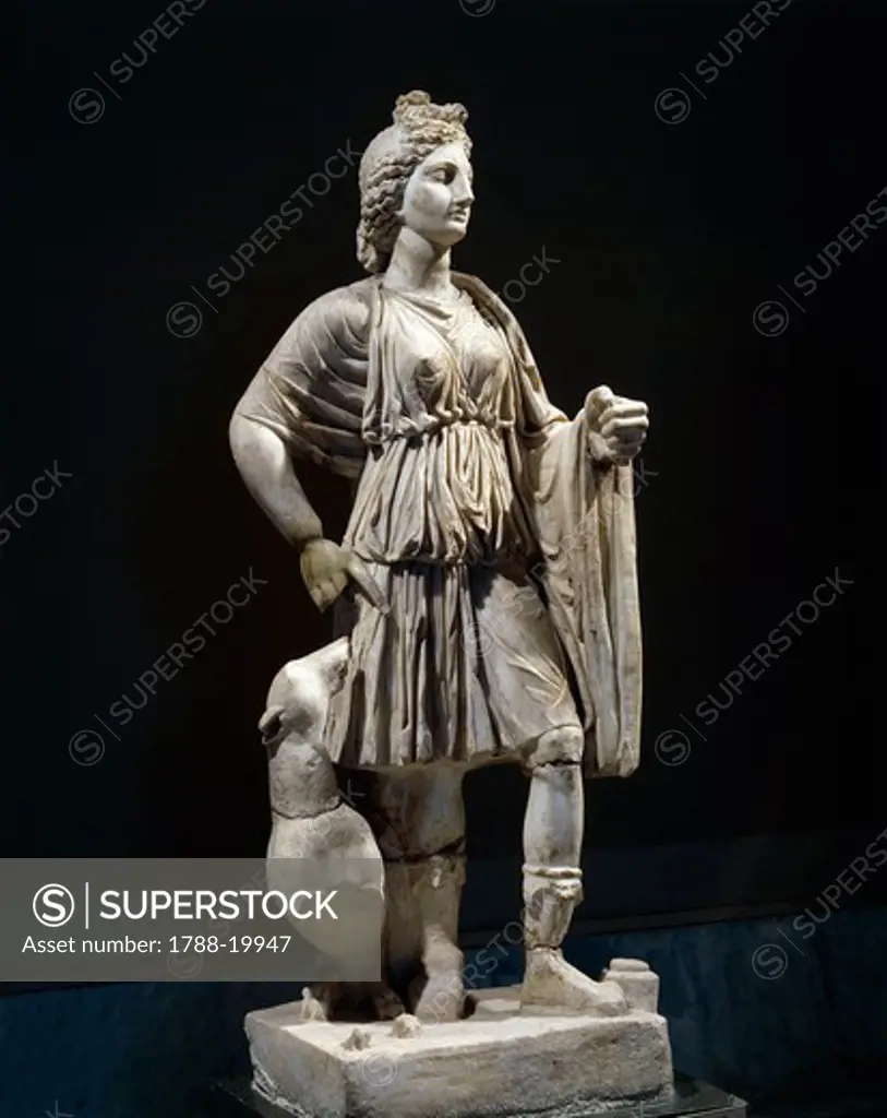 Marble statue of Artemis with dog, from Cyrene, Libya