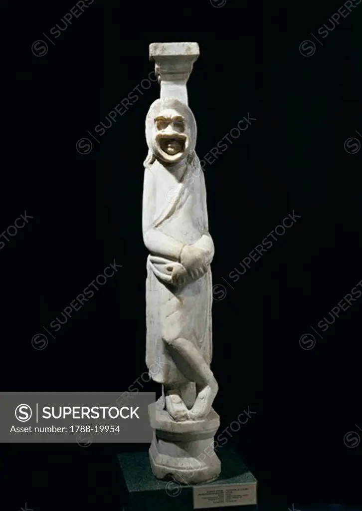 Marble statue of comedian with mask leaning against pillar, from Aydin (ancient Tralles), Turkey