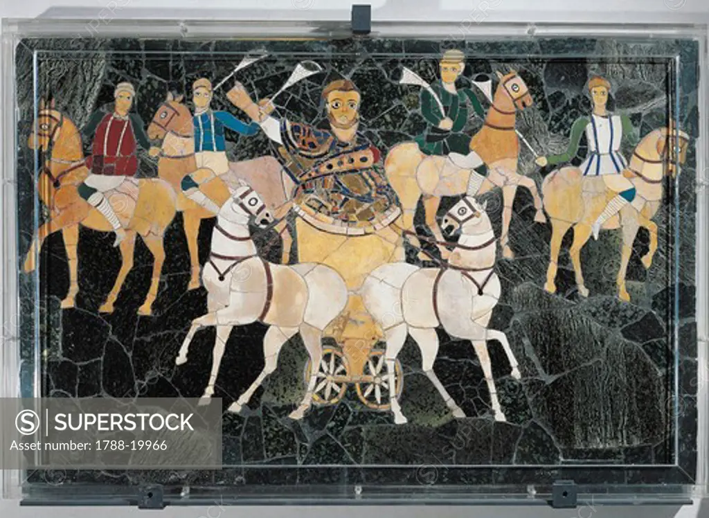 Opus sectile panel depicting consul in his chariot among circus faction, 330-350 a.d., marble, pietre dure, vitreous paste, from Basilica of Junius Bassus on Esquiline Hill, Rome, Italy