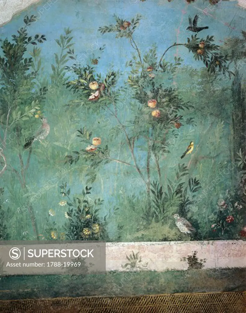Fresco depicting garden with fruit trees and birds, detail, from Rome, Triclinium of House of Livia