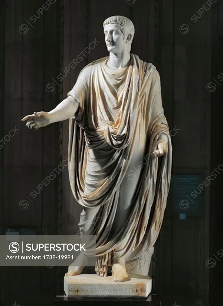 Marble statue of Emperor Tiberius (14-37 a.d.) wearing toga, frome Rome, Vatican Hill