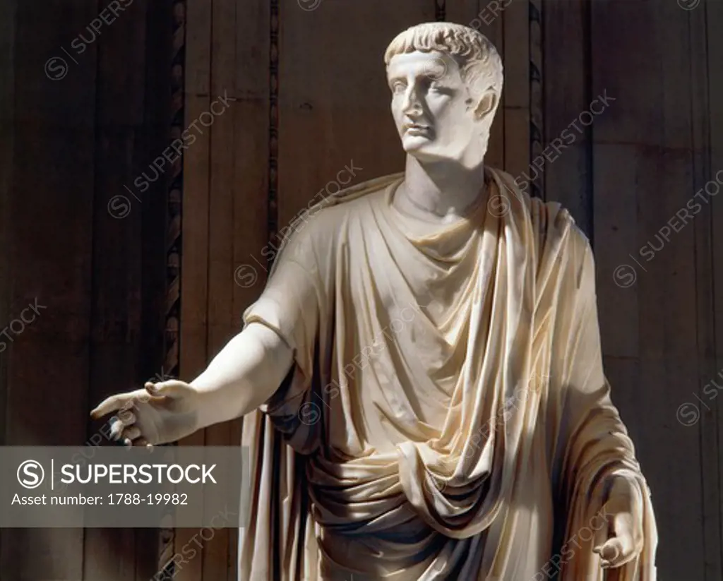 Marble statue of Emperor Tiberius (14-37 a.d.) wearing toga, detail, frome Rome, Vatican Hill