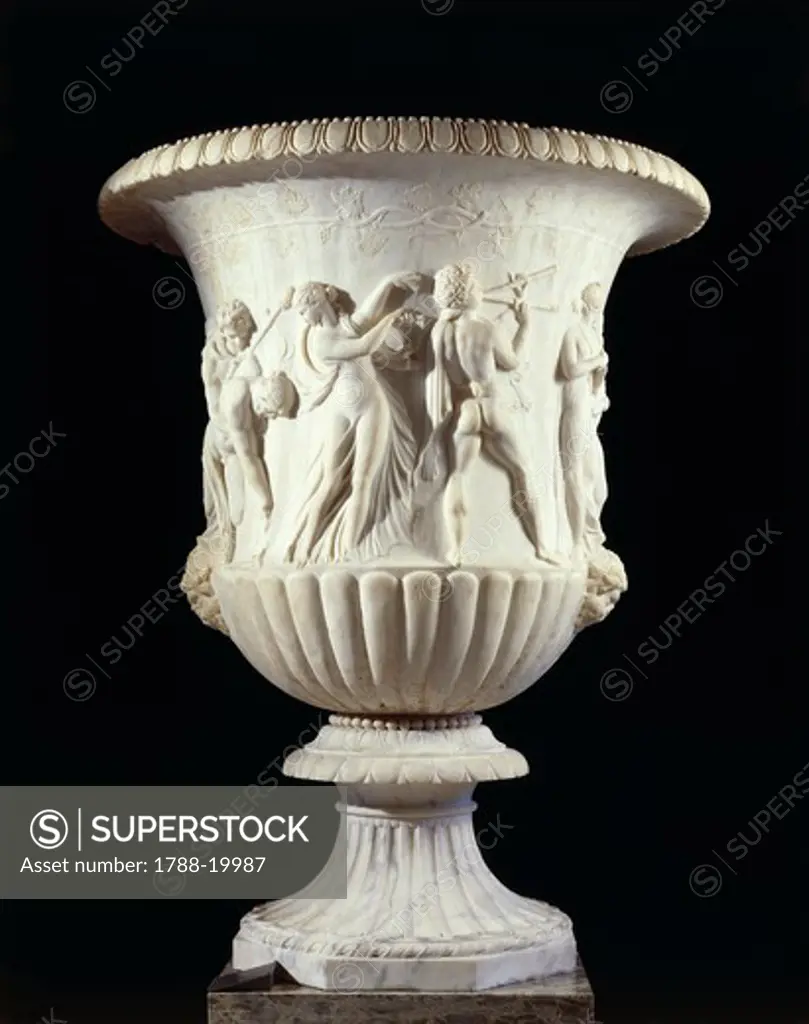 Marble krater with Dionysiac subject reliefs known as Vaso Borghese, 40-30 b.c., from Rome, Sallustian Gardens