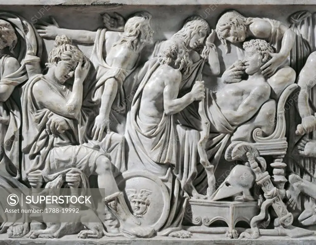 Marble sarcophagus with reliefs depicting Meleager's death, 180 a.d. circa, detail of Meleager on his deathbed