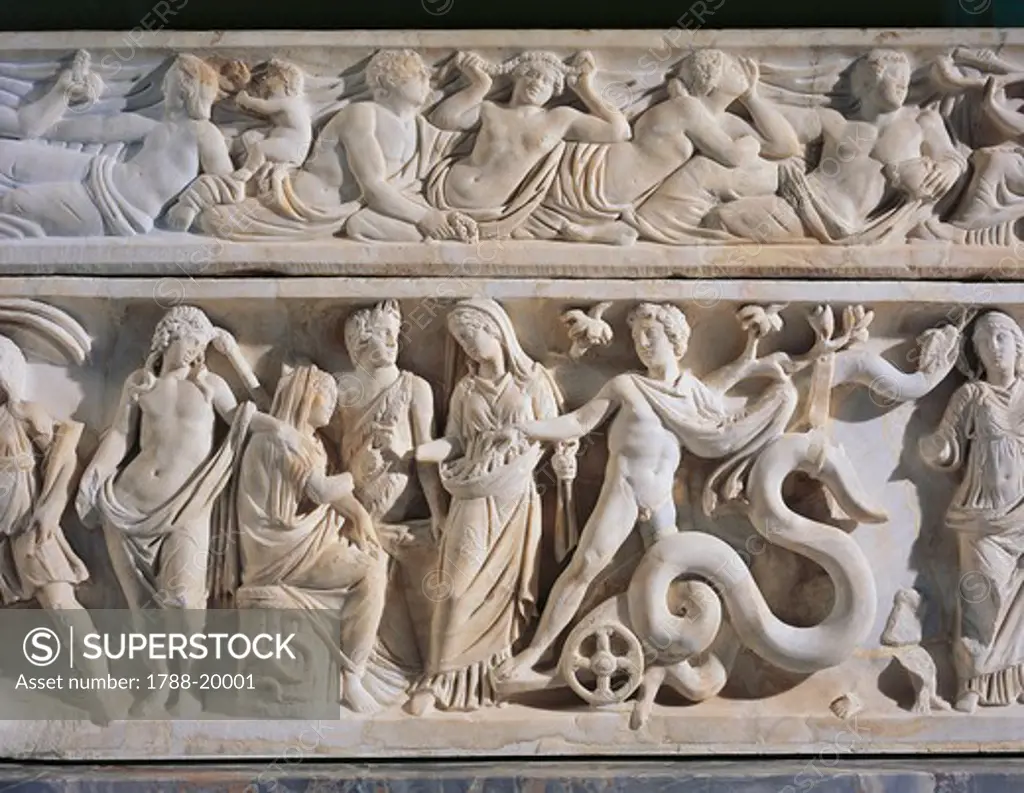 Marble sarcophagus with relief depicting legend of Triptolemus, detail