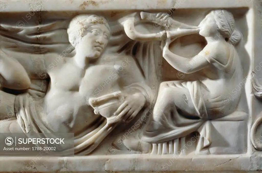 Marble sarcophagus with relief depicting legend of Triptolemus, detail of musician at banquet