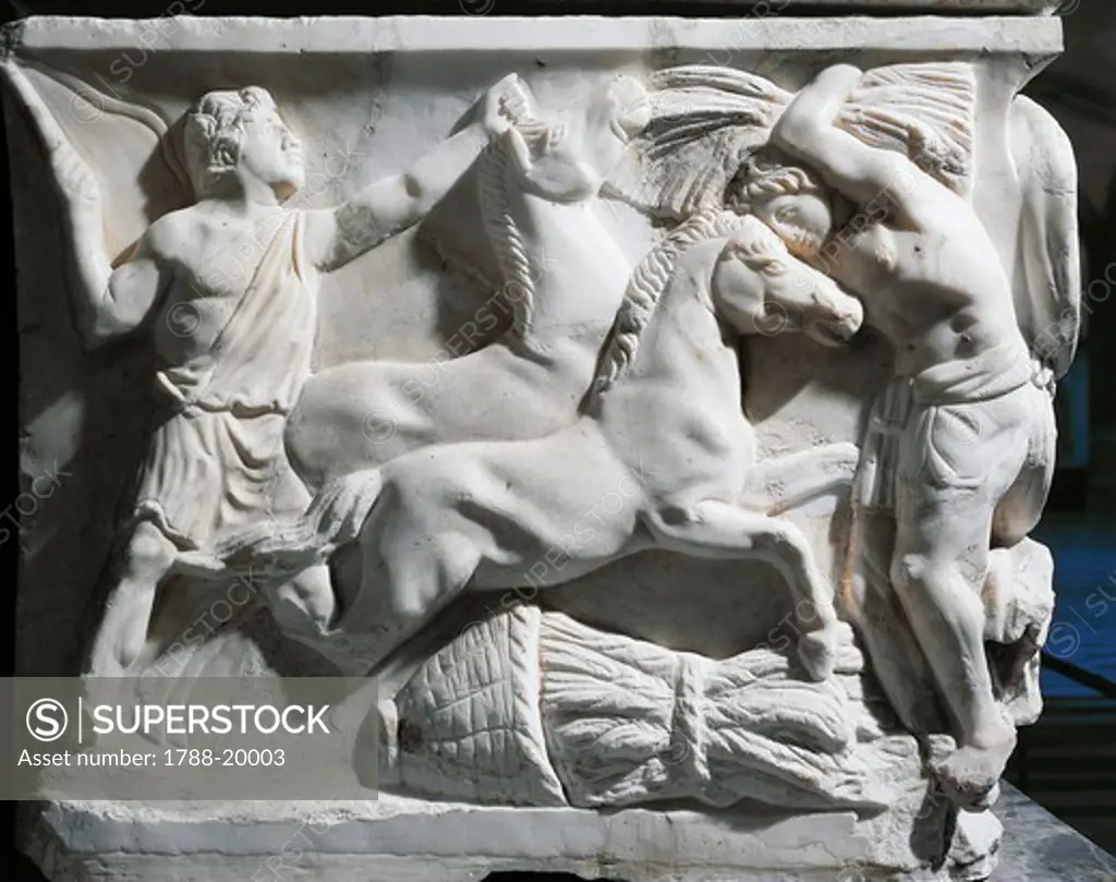 Marble sarcophagus with relief depicting legend of Triptolemus, detail of peasants loading wheat on horses