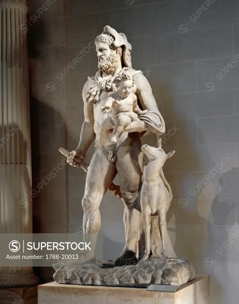Marble group representing Hercules with his son Telephus in his arms and deer that suckled him, from Tivoli (Rome province)