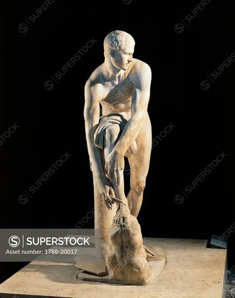 Marble statue of Hermes tying his sandal, from Rome, Theatre of Marcellus