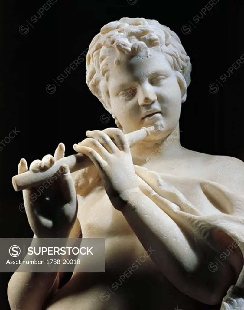 Parian marble statue of young satyr playing flute, detail