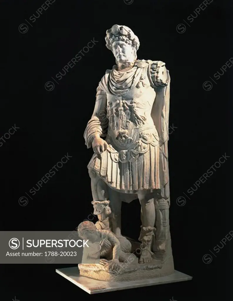 Marble statue of emperor Hadrian stepping on enemy, from Ierapetra, ancient Hierapytna, Greece