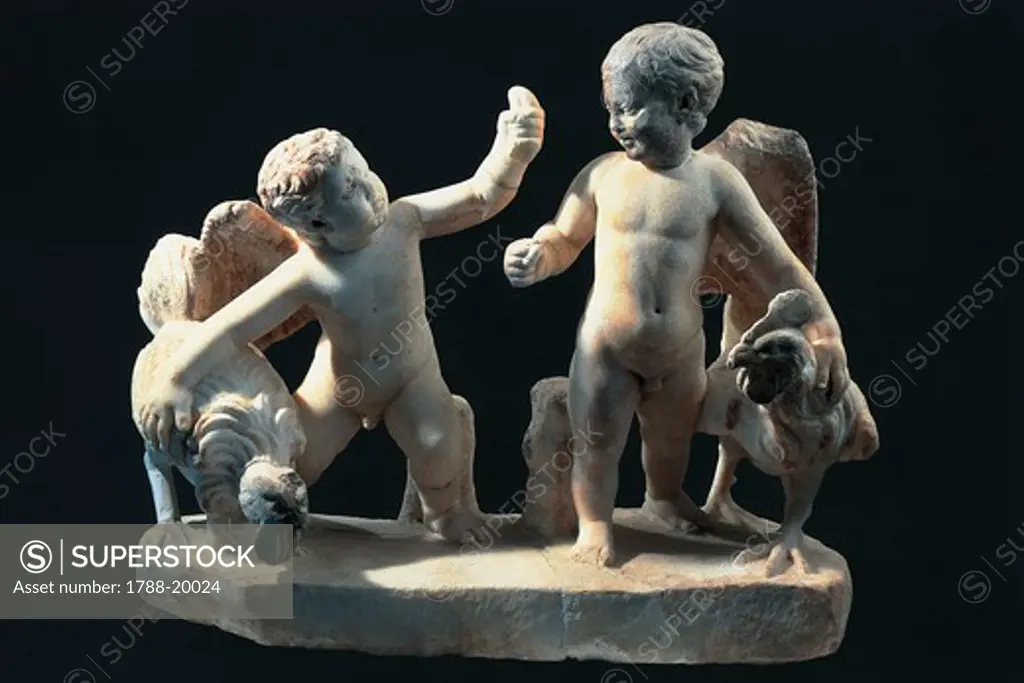 Marble group representing two cupids and two roosters, from Tarsus, Turkey