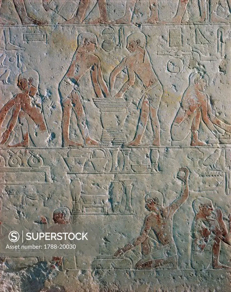 Reliefs from mastaba of Kemrehu, detail of washing and cleaning of materials