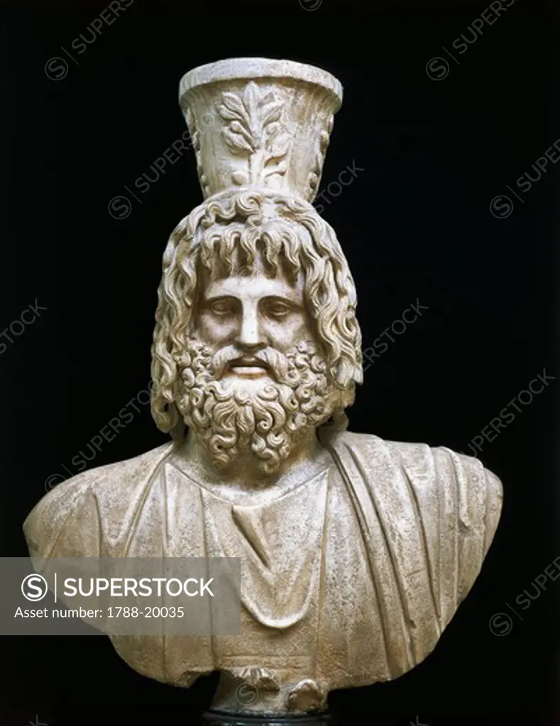 Marble bust of Serapis, god of underworld, with kalathos on his head, from Alexandria, Serapeum