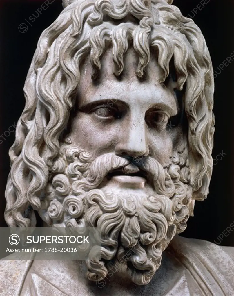 Marble bust of Serapis, god of underworld, with kalathos on his head, detail of face, from Alexandria, Serapeum