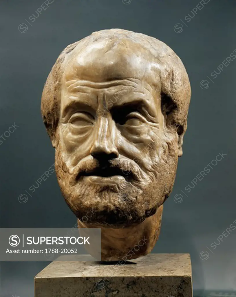 Marble head of Greek philosopher Aristotle (382-322 b.c.)