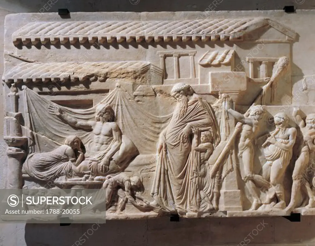 Marble relief depicting dramatic poet receiving Dionysus, from Rome