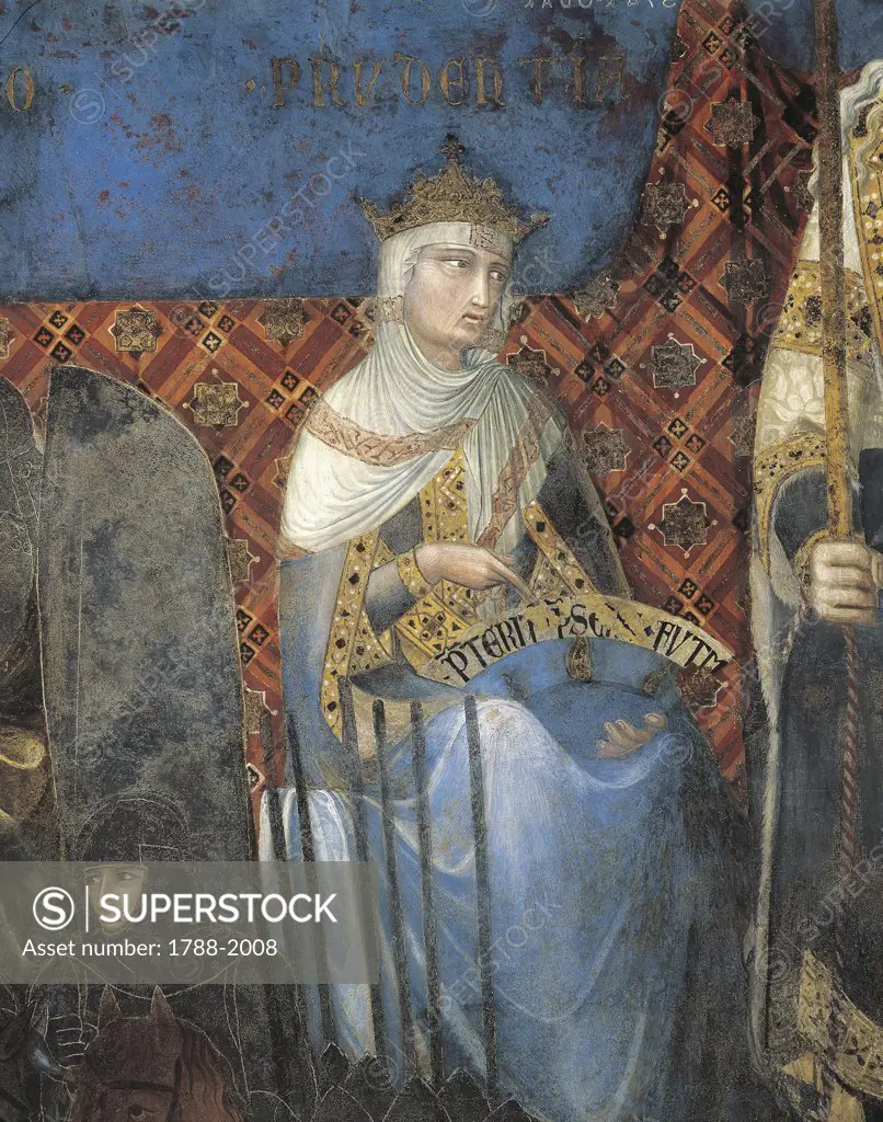 Italy - Tuscany region - Siena - Palazzo Pubblico (Town Hall), Hall of the Nine (also known as Sala della Pace). Ambrogio Lorenzetti (1319-1347), Effects of Good and Bad Government, Good Government, Prudence (1337-1343). Fresco detail