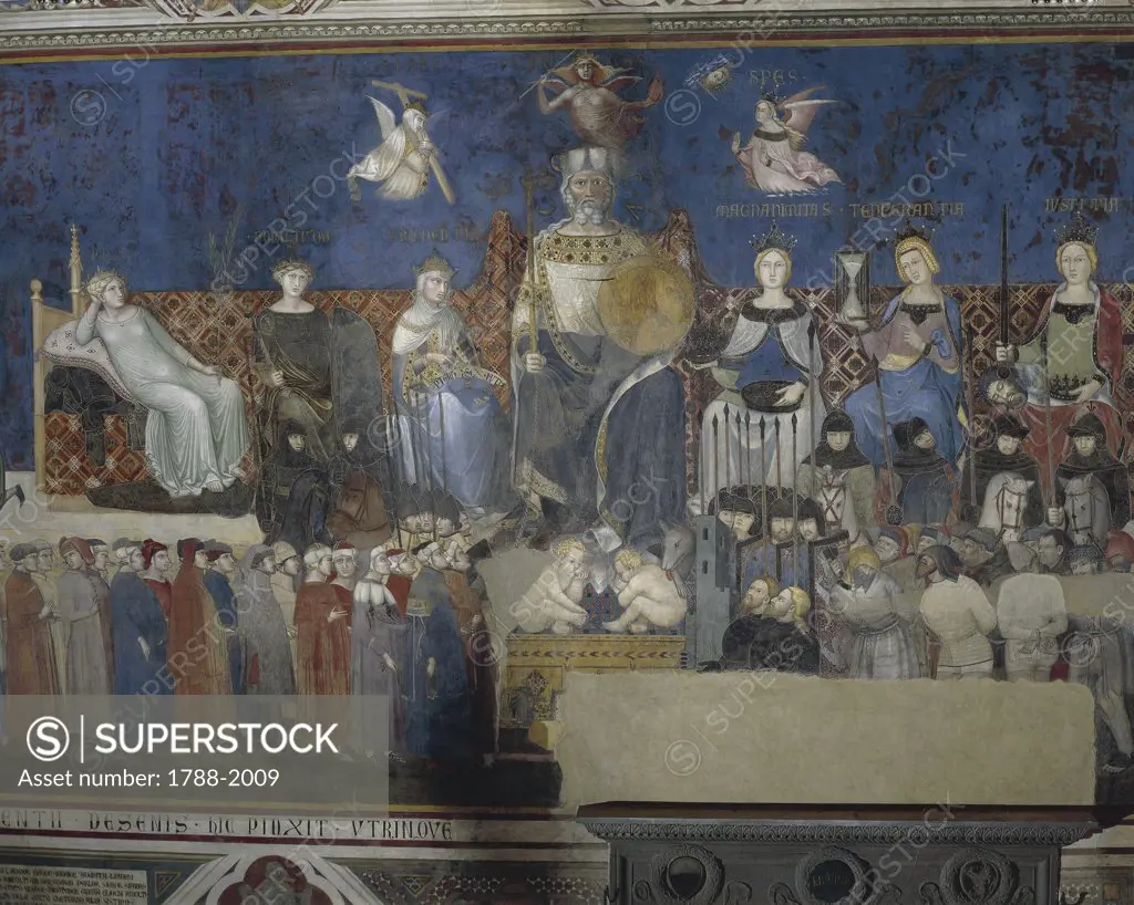Italy - Tuscany region - Siena - The Palazzo Pubblico (Town Hall), Hall of the Nine (also known as Sala della Pace). Ambrogio Lorenzetti (1319-1347), Effects of Good and Bad Government on Town and Country. Allegory of Good Government (1337-1343). Fresco detail