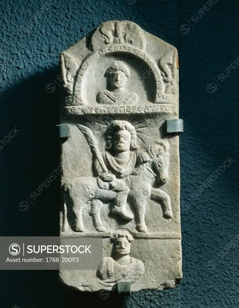 Funerary stele dedicated to Hoios and Dikaios with relief depicting sun-god on horse, from Phrygia, Turkey
