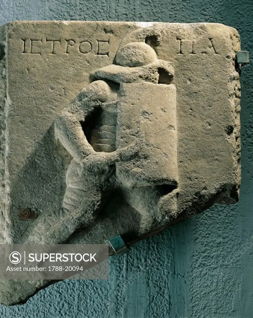 Funerary stele with relief depicting gladiator Istros, from Aydin, ancient Tralles, Turkey