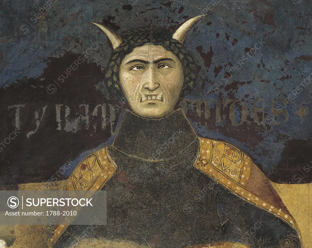 Italy - Tuscany region - Siena - The Palazzo Pubblico (Town Hall), Hall of the Nine (also known as Sala della Pace). Ambrogio Lorenzetti (1319-1347), Effects of Good and Bad Government, Tyranny (1337-1343). Fresco detail