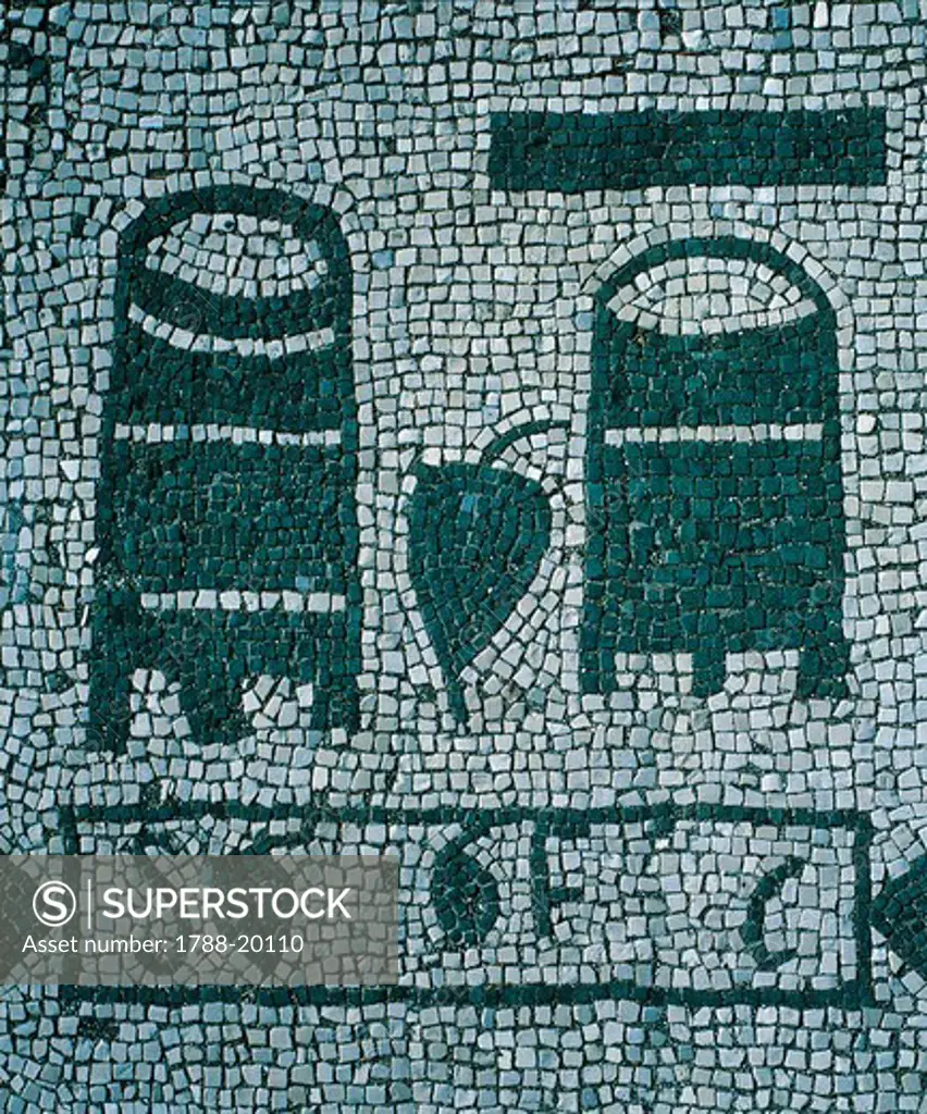 Roman market street, floor mosaics depicting symbols of Corporations, detail, symbol of wheat traders