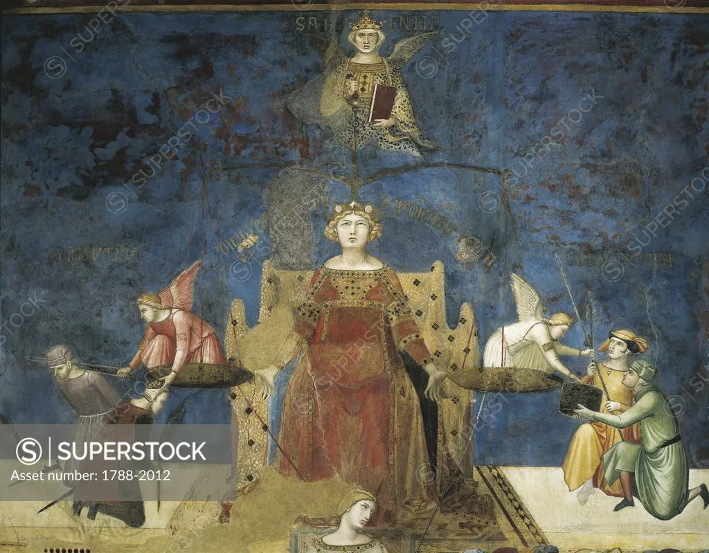 Italy - Tuscany region - Siena - The Palazzo Pubblico (Town Hall), Hall of the Nine (also known as Sala della Pace). Ambrogio Lorenzetti (1319-1347), Effects of Good and Bad Government, Wisdom and Justice (1337-1343). Fresco detail