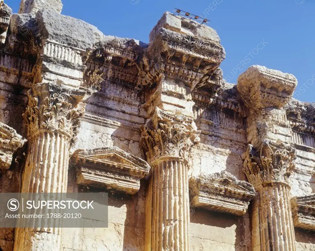 Lebanon, Baalbek (Greek Heliopolis), Temple of Bacchus, Detail of Corinthian columns, entablature and capitals