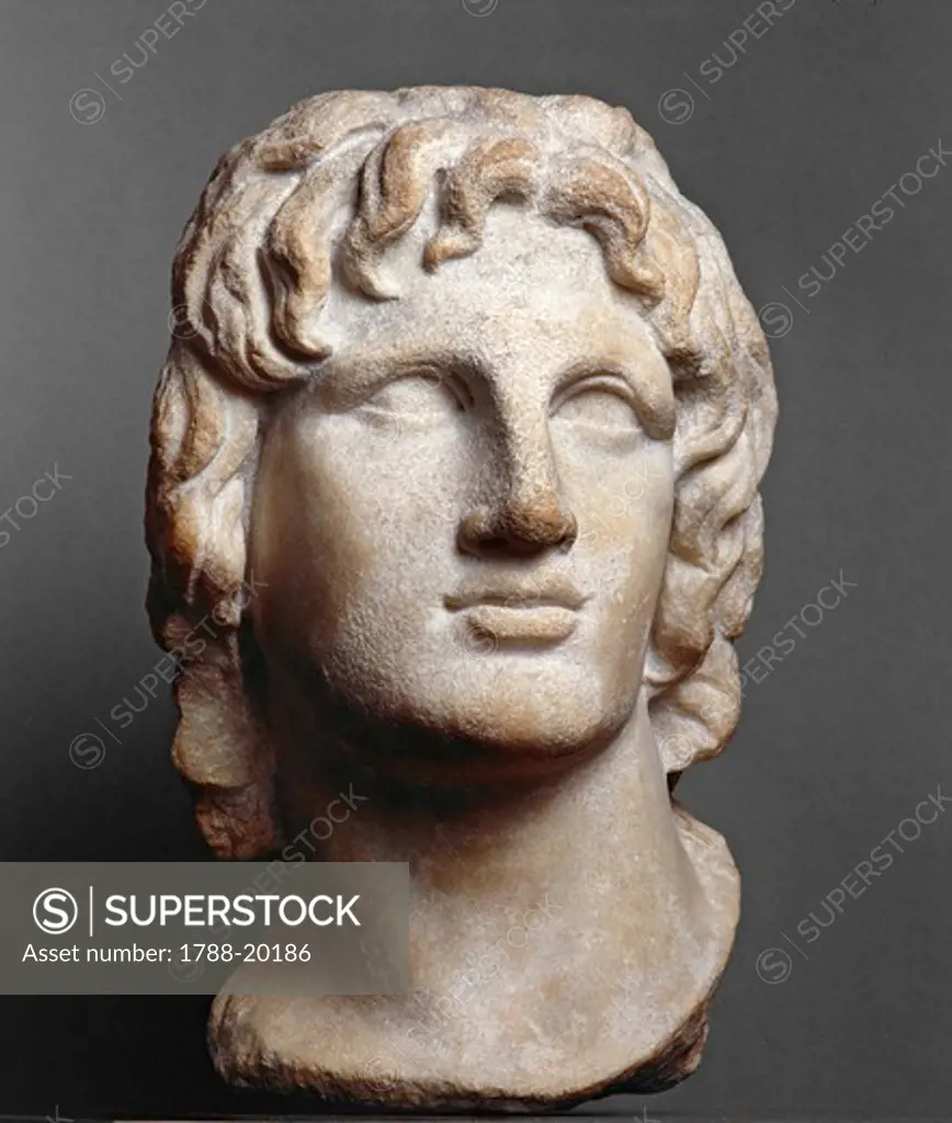 Marble head of Alexander the Great, height 37 cm, Probably from Alexandria, Egypt