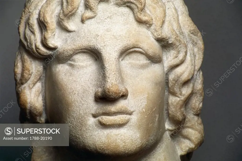 Close up of marble head of Alexander the Great, Hellenistic art , 2nd- 1st century b.c.